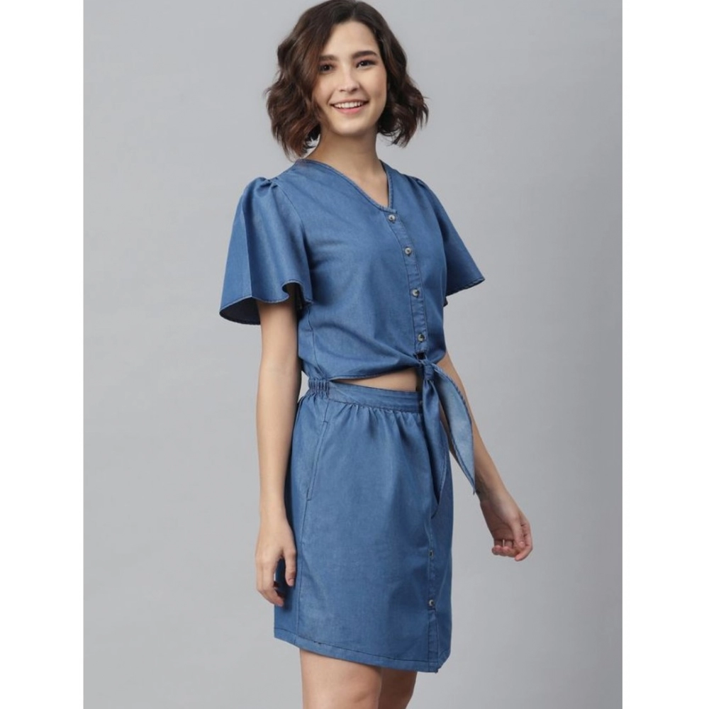 Women's Denim Solid Flutter Above Knee Dress (Blue) - Image 3