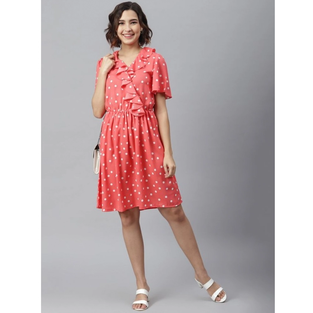 Women's Polyester Polka Flutter Above Knee Dress (Coral) - Image 5