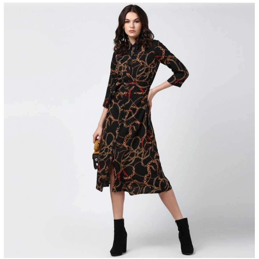 Women's Polyester Chain Print Roll Up Sleeve Below Knee Dress (Black - Yellow) - Image 6