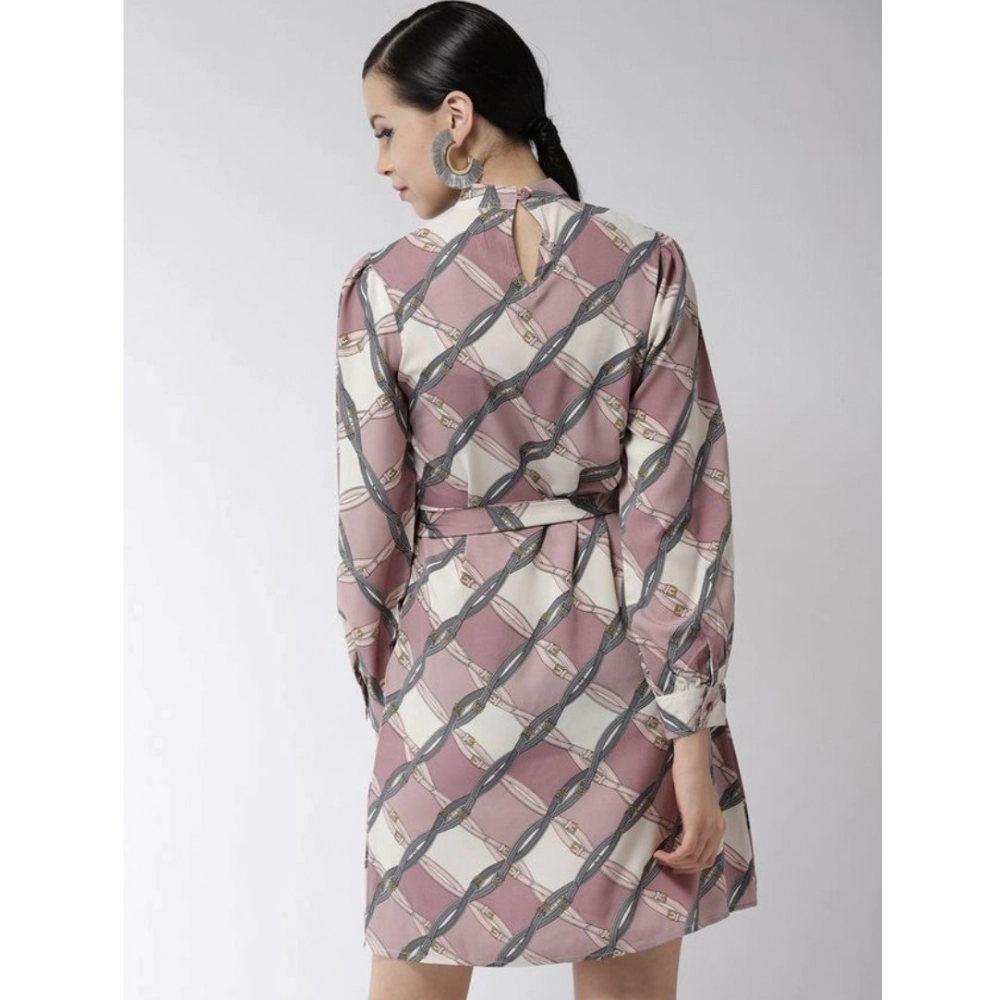 Women's Polyester Checkered Long Sleeves Above Knee Dress (Off White - Lavender) - Image 6