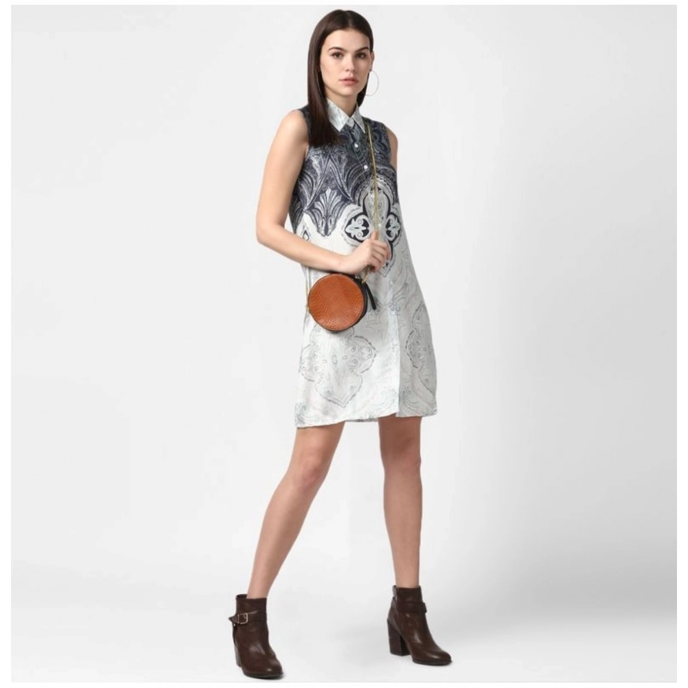 Women's Polyester Printed Sleeveless Above Knee Dress (Blue) - Image 5