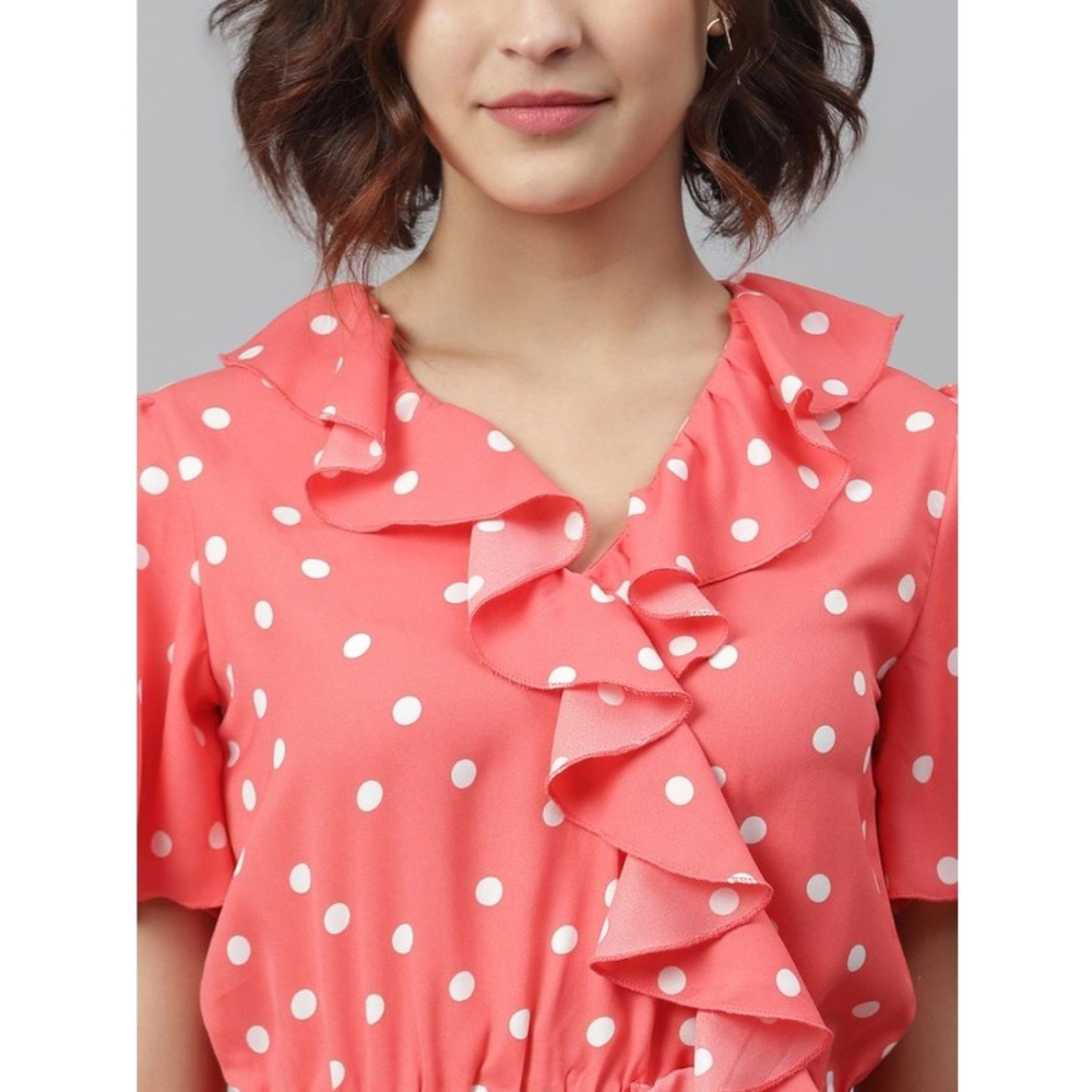 Women's Polyester Polka Flutter Above Knee Dress (Coral) - Image 2