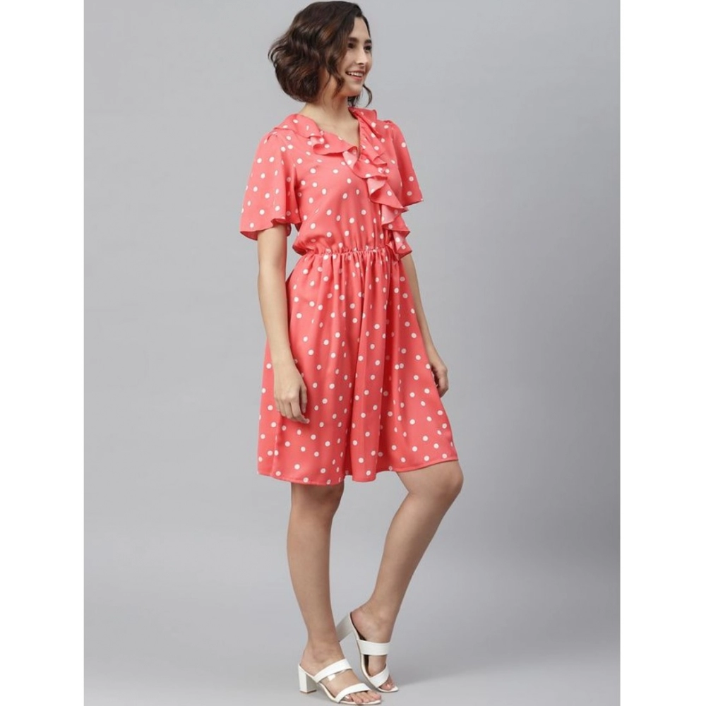 Women's Polyester Polka Flutter Above Knee Dress (Coral) - Image 3