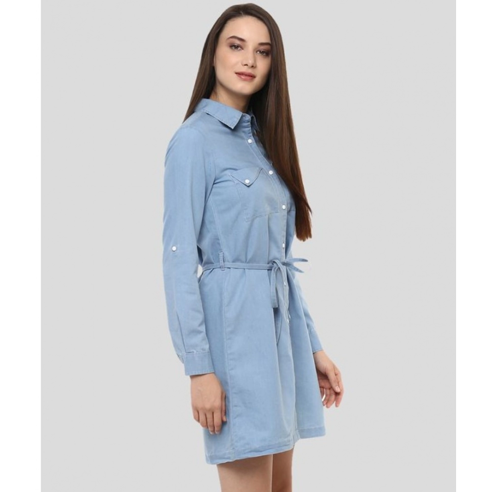 Women's Denim Solid Long Sleeves Above Knee Dress (Blue) - Image 3