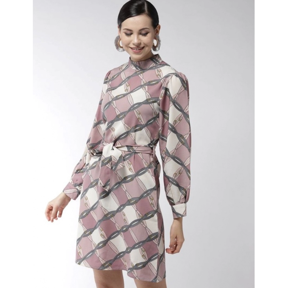 Women's Polyester Checkered Long Sleeves Above Knee Dress (Off White - Lavender) - Image 3