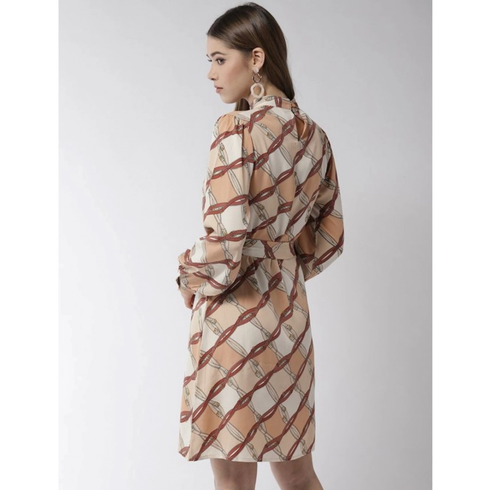 Women's Polyester Checkered Long Sleeves Above Knee Dress (Off White - Brown) - Image 6