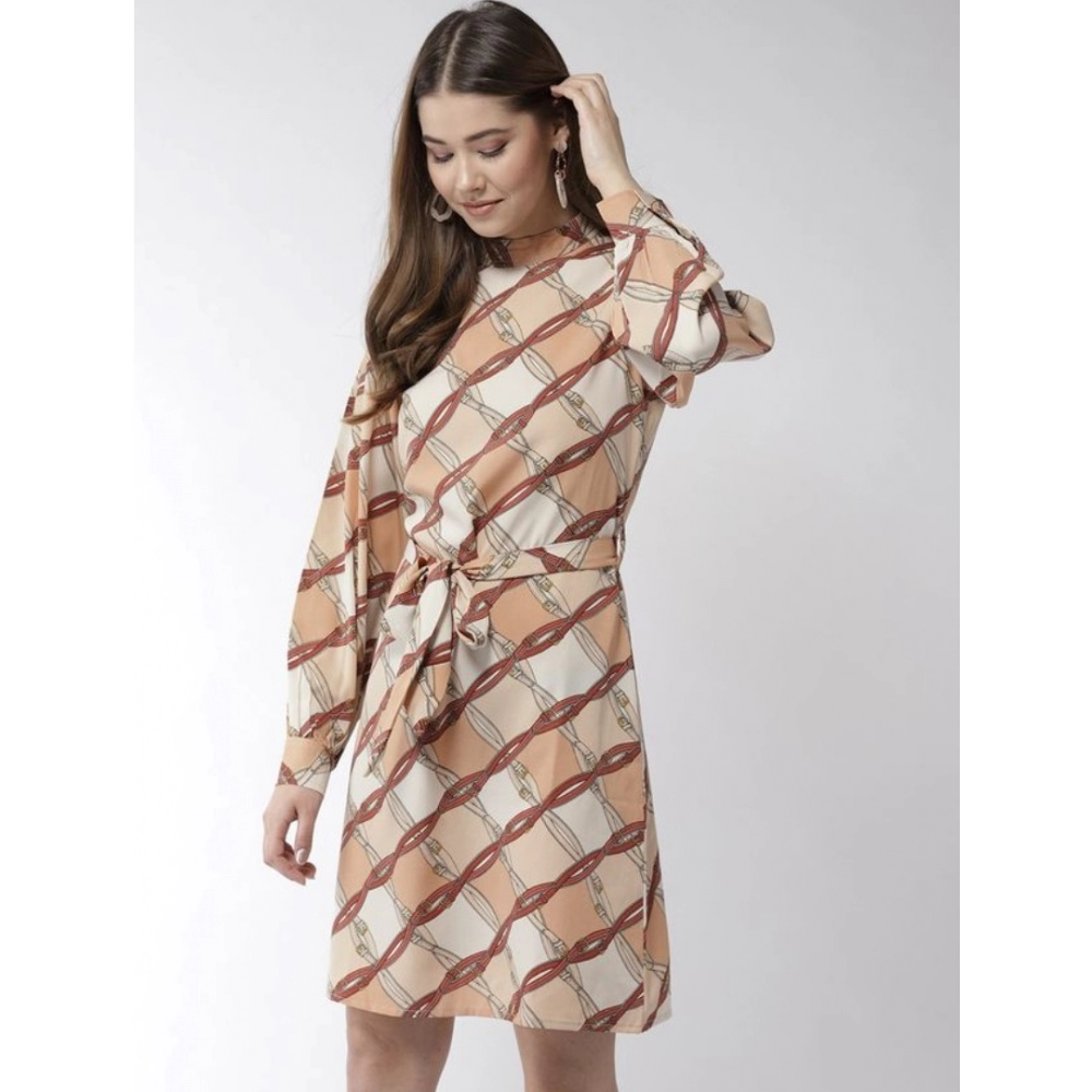Women's Polyester Checkered Long Sleeves Above Knee Dress (Off White - Brown) - Image 3