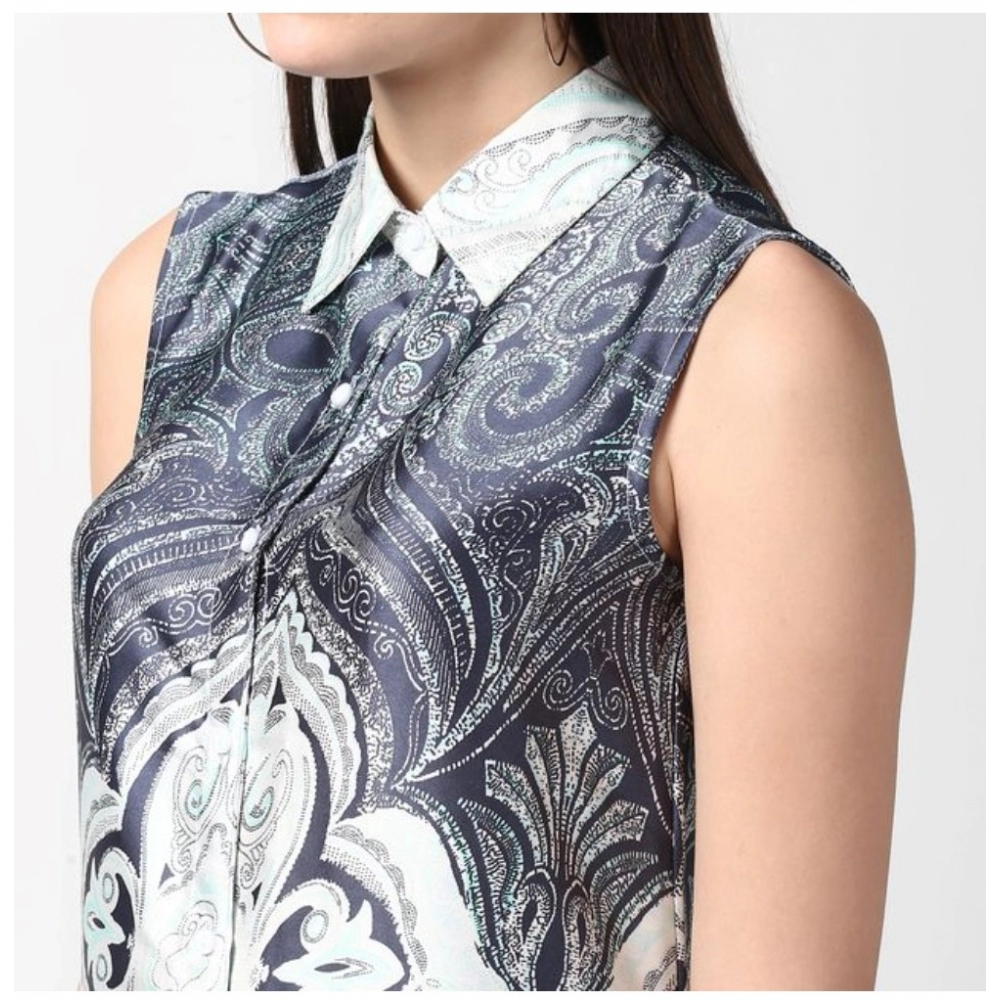 Women's Polyester Printed Sleeveless Above Knee Dress (Blue) - Image 2