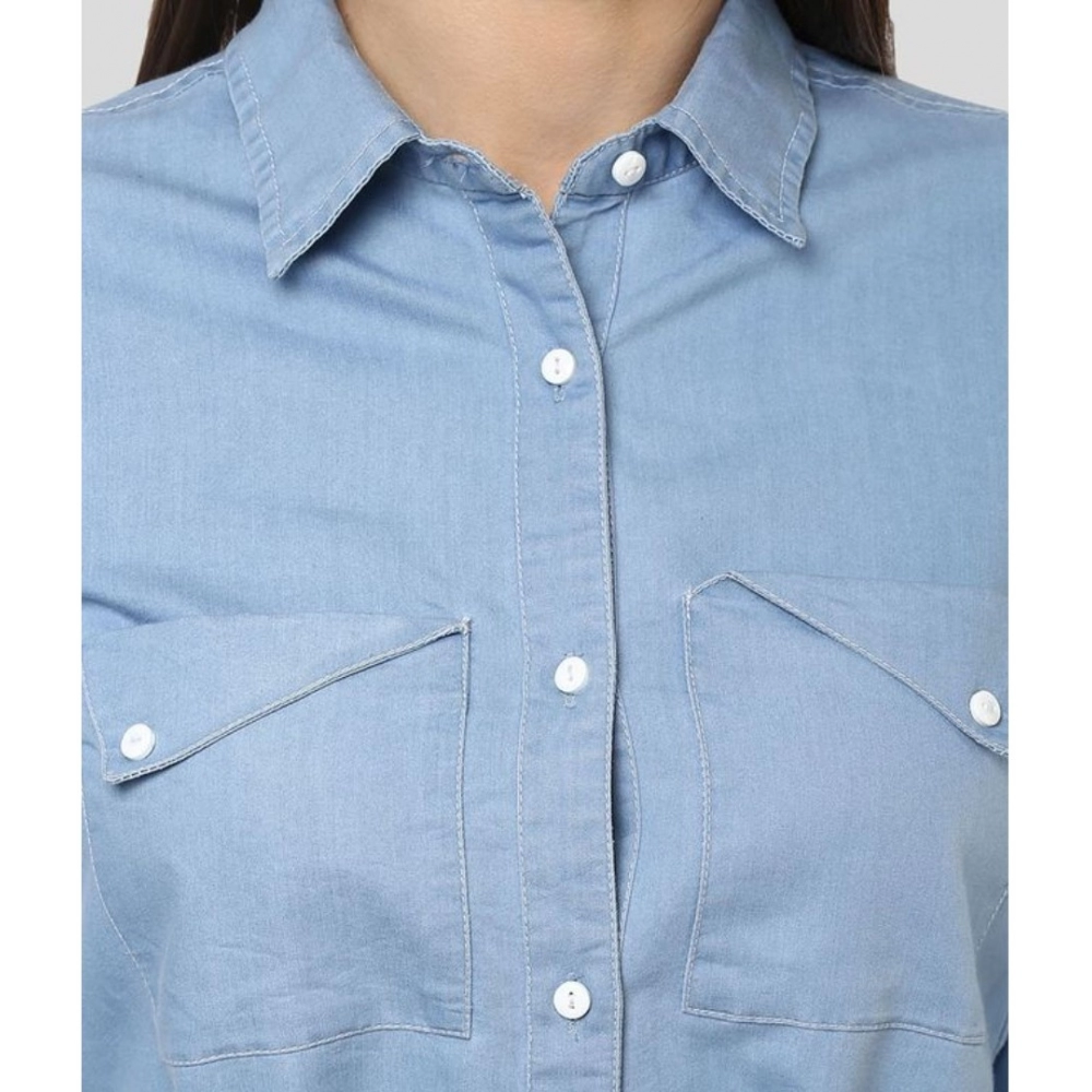 Women's Denim Solid Long Sleeves Above Knee Dress (Blue) - Image 2