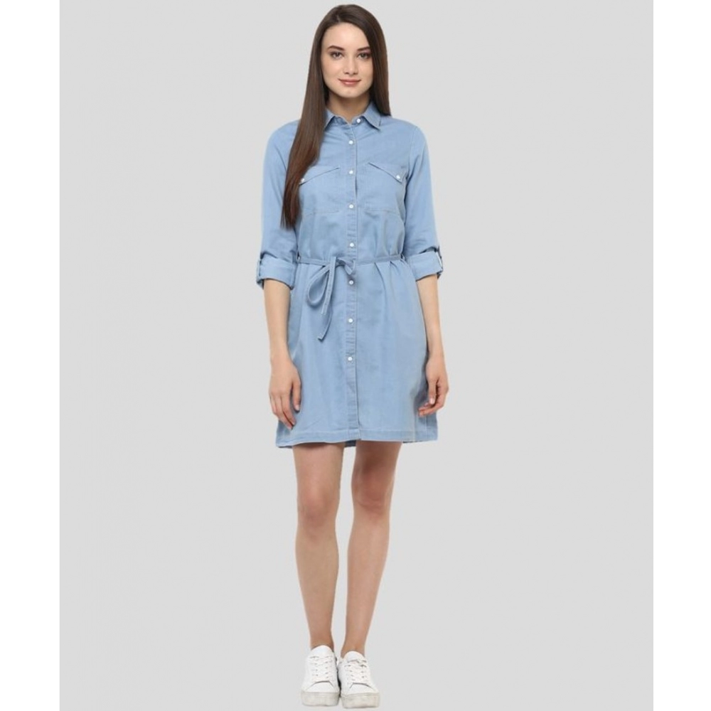 Women's Denim Solid Long Sleeves Above Knee Dress (Blue) - Image 5