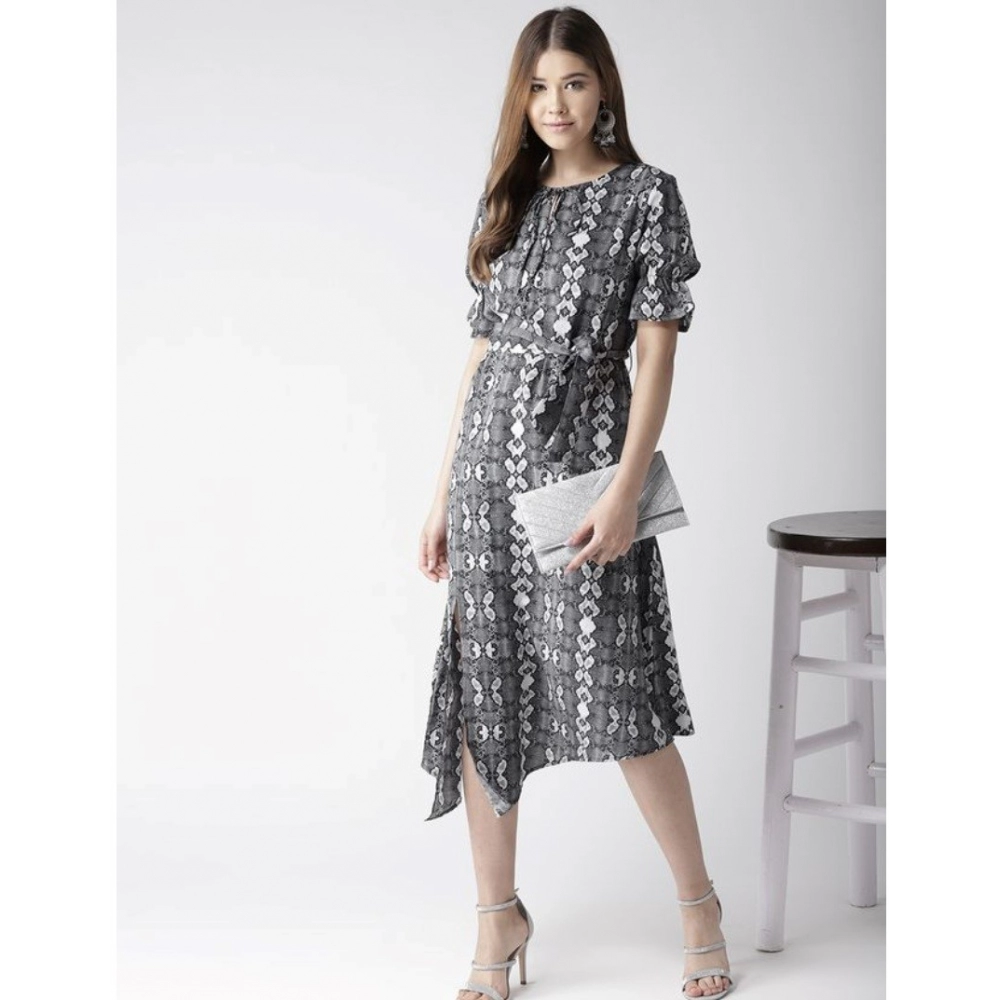 Women's Polyester Animal Print Short Sleeve Knee-Length Dress (Black - White) - Image 3