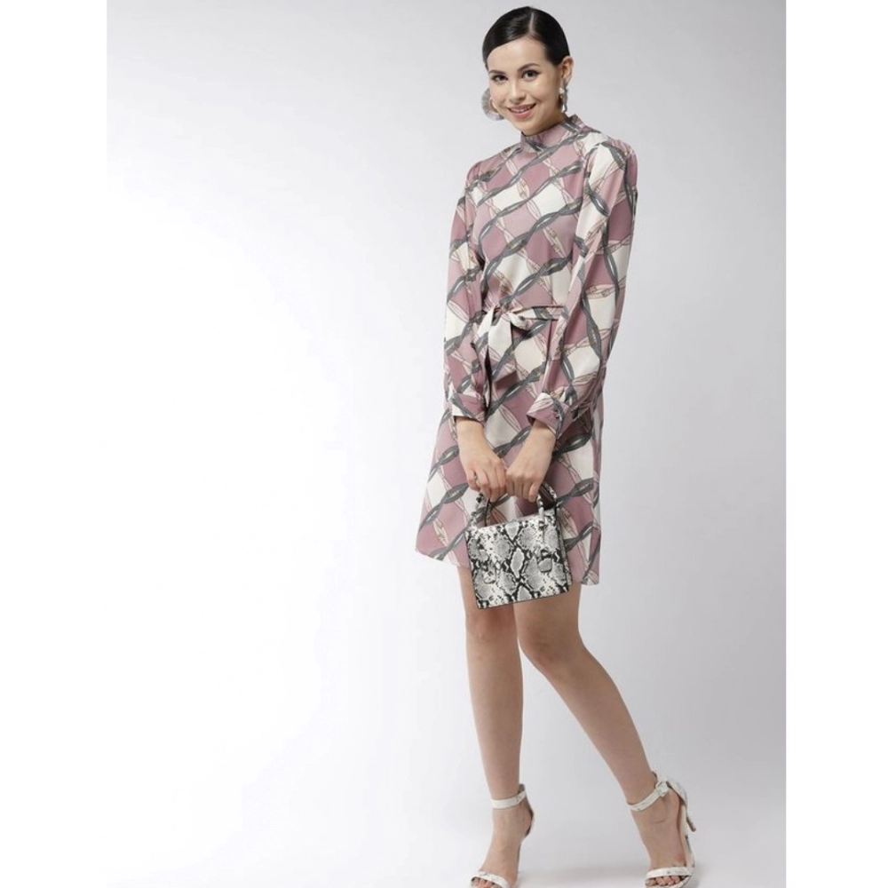 Women's Polyester Checkered Long Sleeves Above Knee Dress (Off White - Lavender) - Image 5