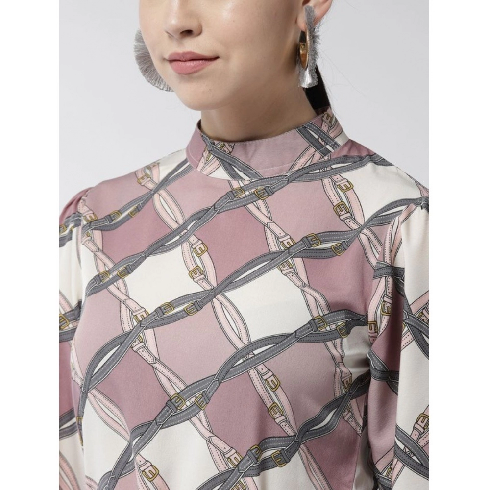 Women's Polyester Checkered Long Sleeves Above Knee Dress (Off White - Lavender) - Image 2