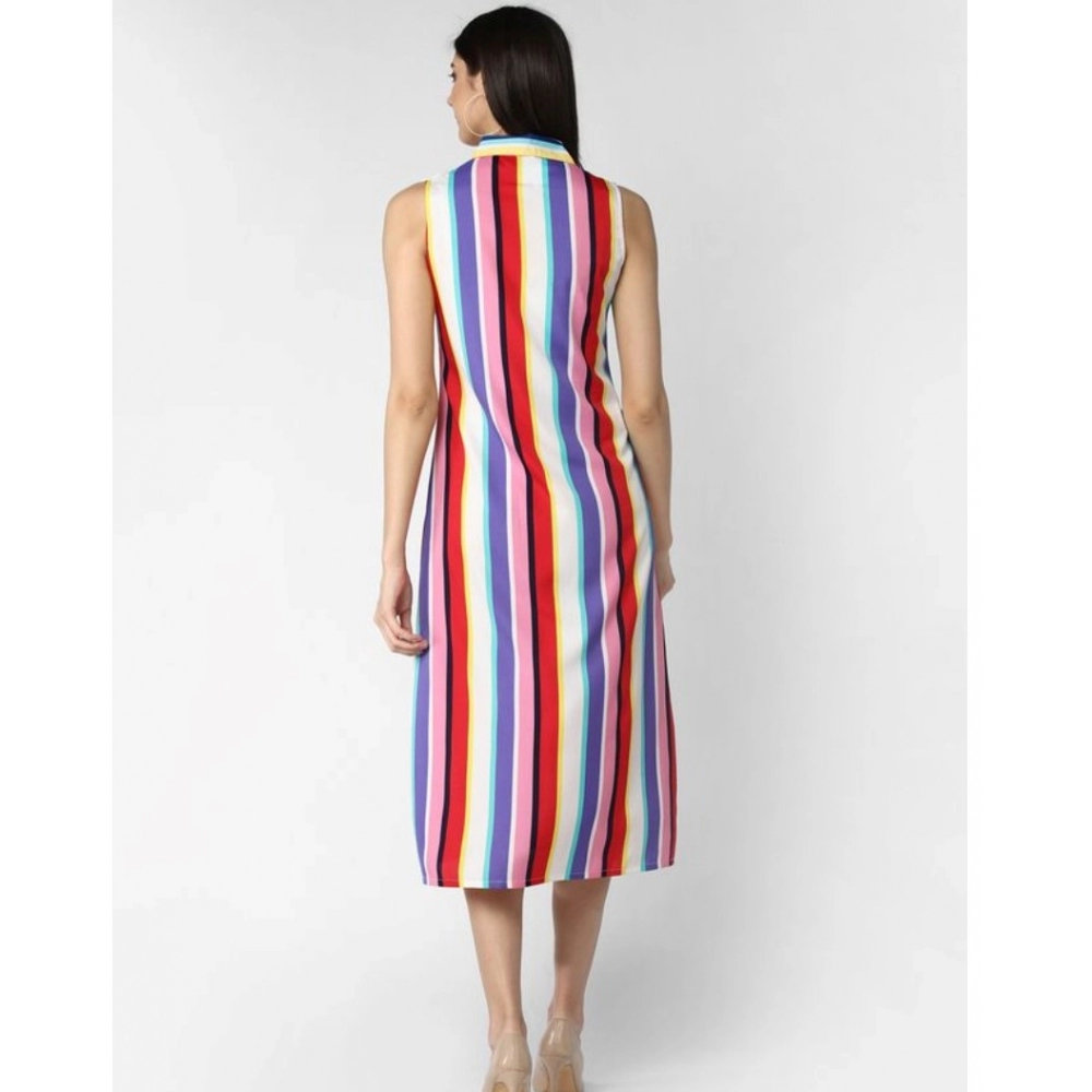Women's Polyester Striped Sleeveless Calf-length Dress (Multicolor) - Image 6