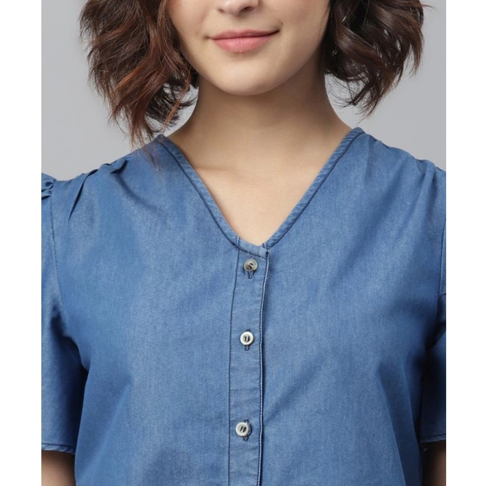 Women's Denim Solid Flutter Above Knee Dress (Blue) - Image 2