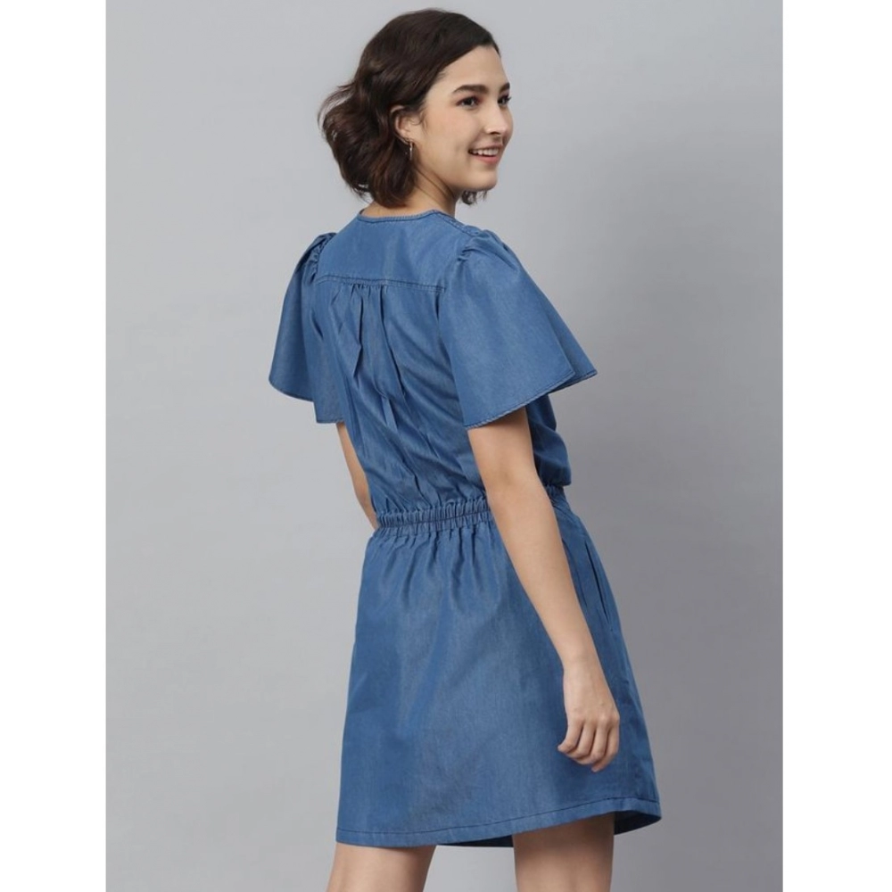 Women's Denim Solid Flutter Above Knee Dress (Blue) - Image 6