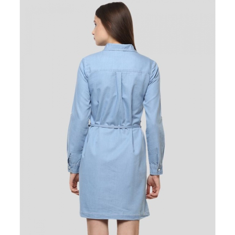 Women's Denim Solid Long Sleeves Above Knee Dress (Blue) - Image 6