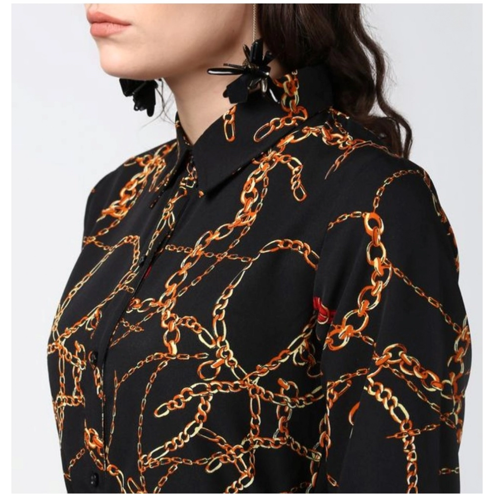 Women's Polyester Chain Print Roll Up Sleeve Below Knee Dress (Black - Yellow) - Image 2