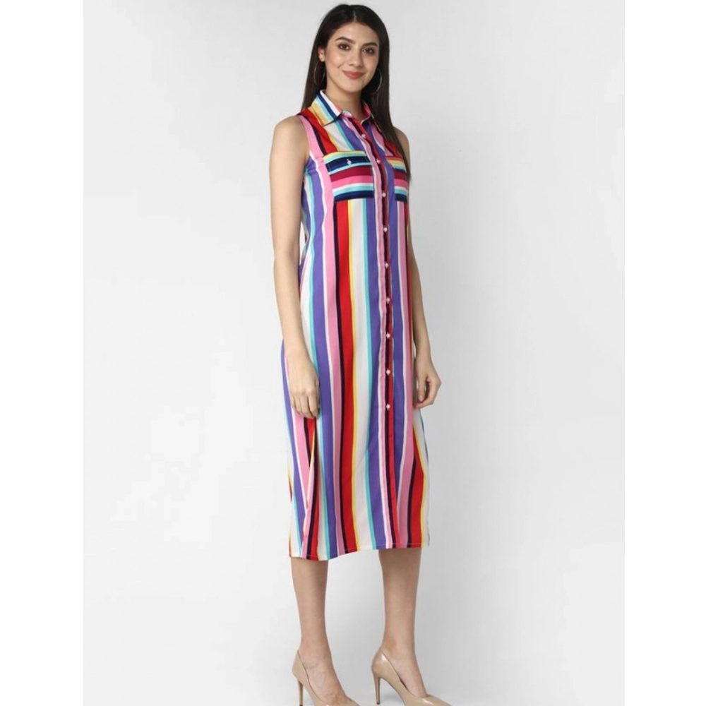 Women's Polyester Striped Sleeveless Calf-length Dress (Multicolor) - Image 3