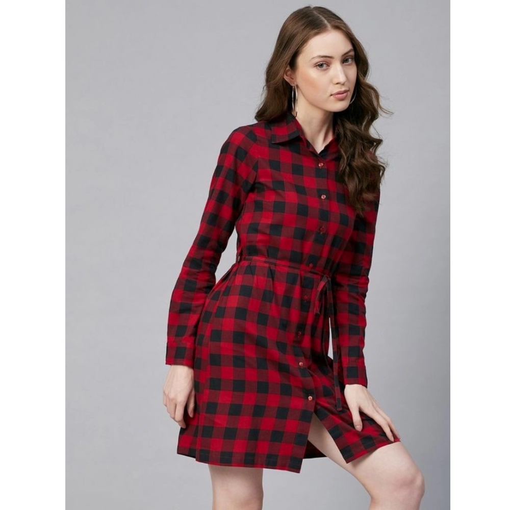 Women's Cotton Checkered Long Sleeves Above Knee Dress (Red - Black) - Image 3