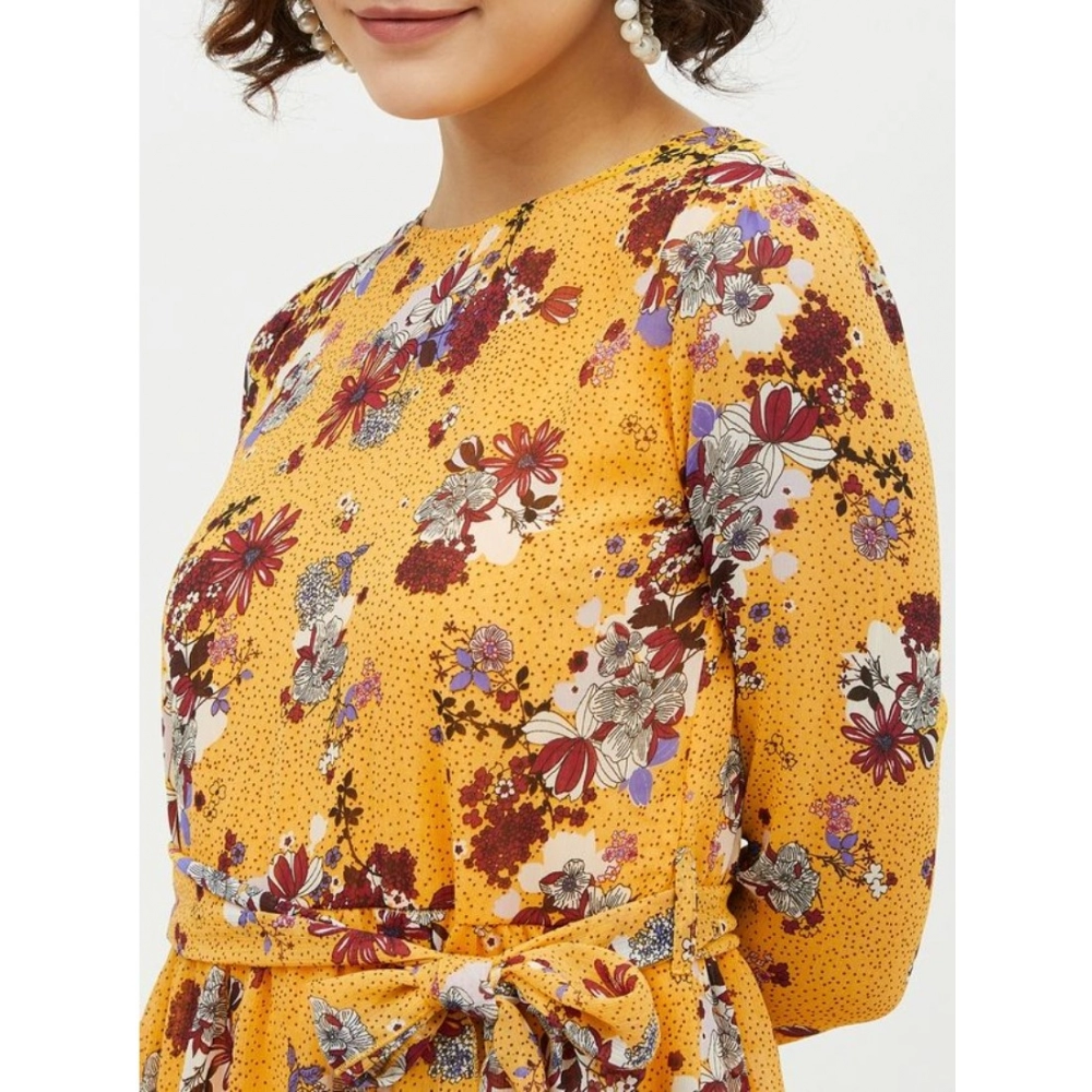 Women's Polyester Floral Long Sleeves Calf-length Dress (Multicolor) - Image 2