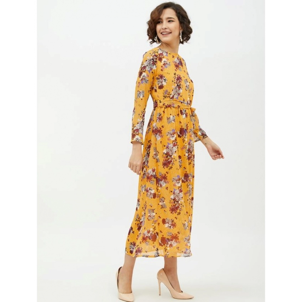 Women's Polyester Floral Long Sleeves Calf-length Dress (Multicolor) - Image 4