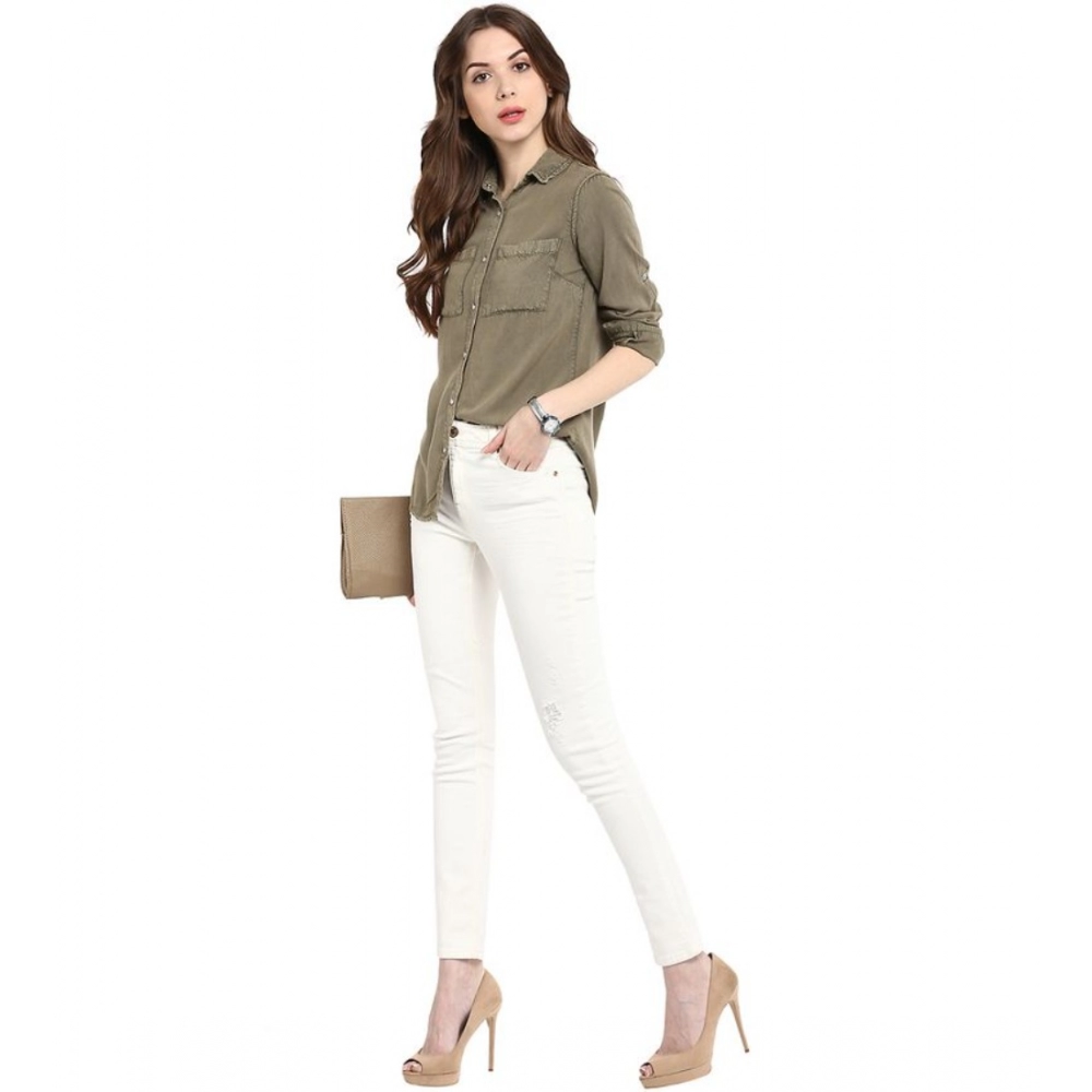 Women's Rayon Solid Long Sleeves Standard Length Shirt (Olive Green) - Image 6