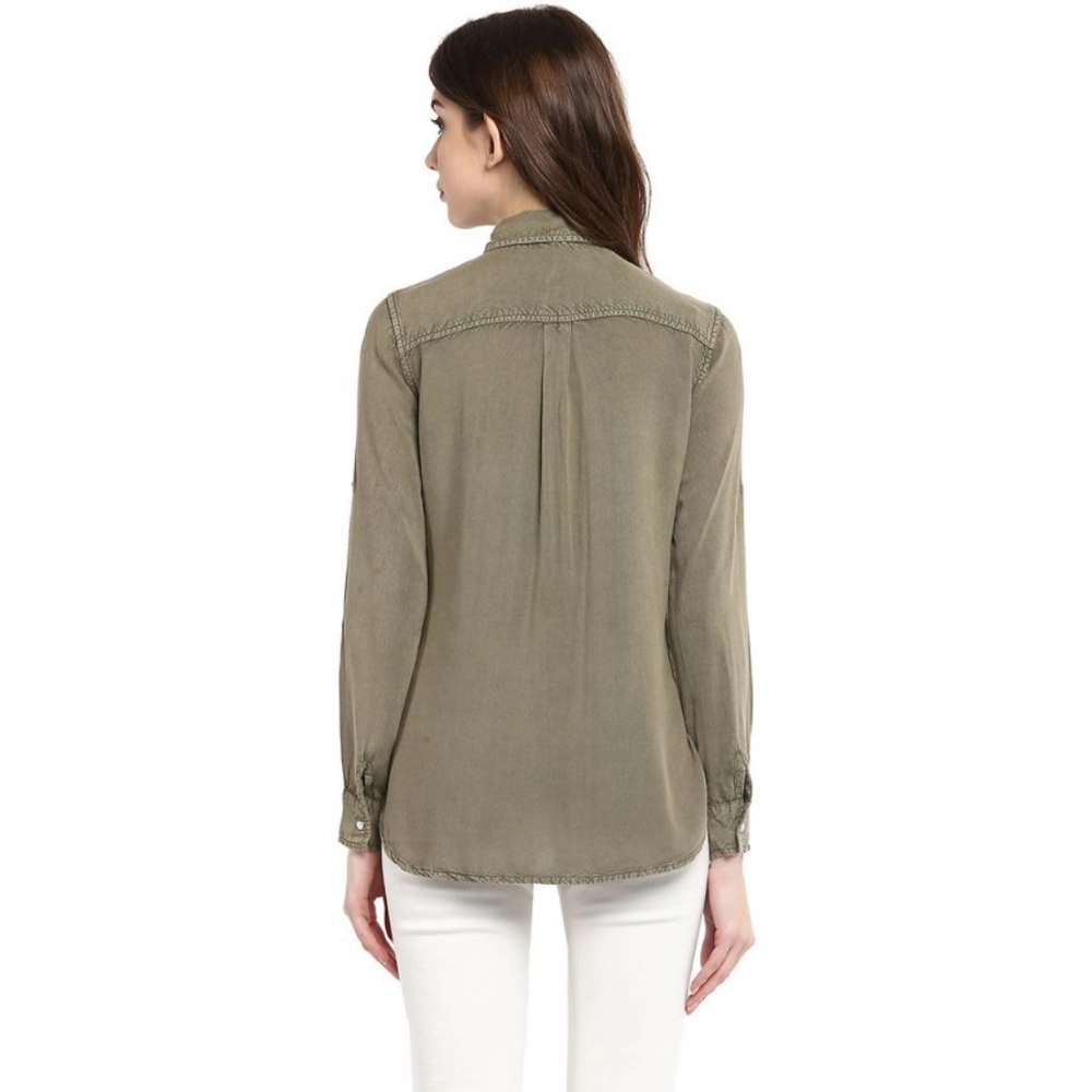 Women's Rayon Solid Long Sleeves Standard Length Shirt (Olive Green) - Image 7