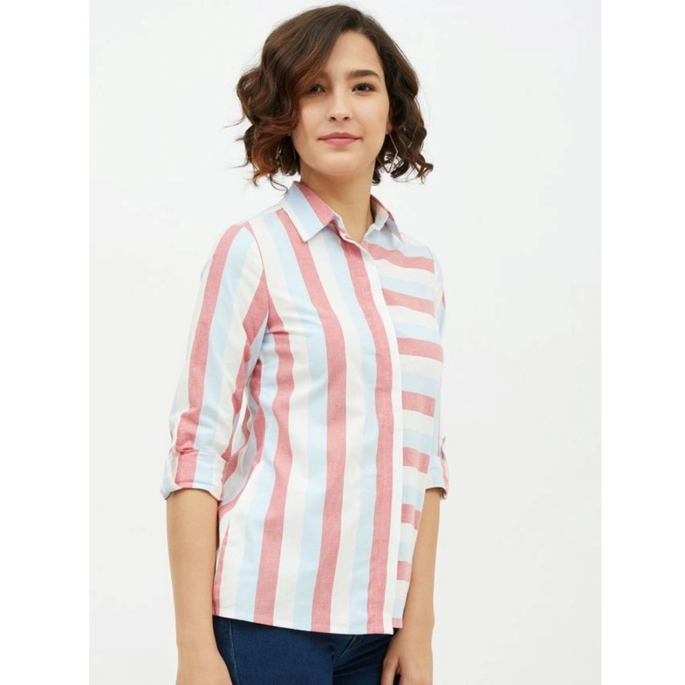 Women's Cotton Striped Long Sleeves Standard Length Shirt (Pink) - Image 4