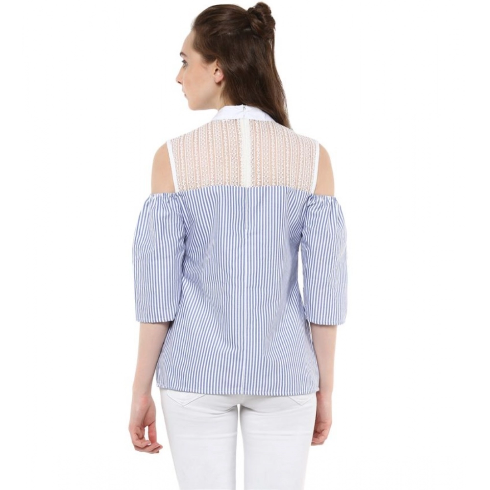 Women's Cotton Striped Cold Shoulder Top (Blue) - Image 7