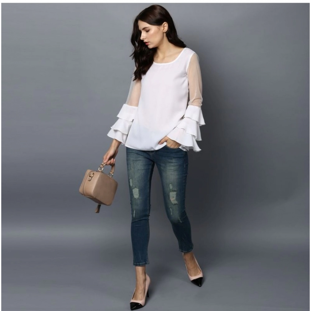 Women's Polyester Solid Tier Sleeve Top (White) - Image 6