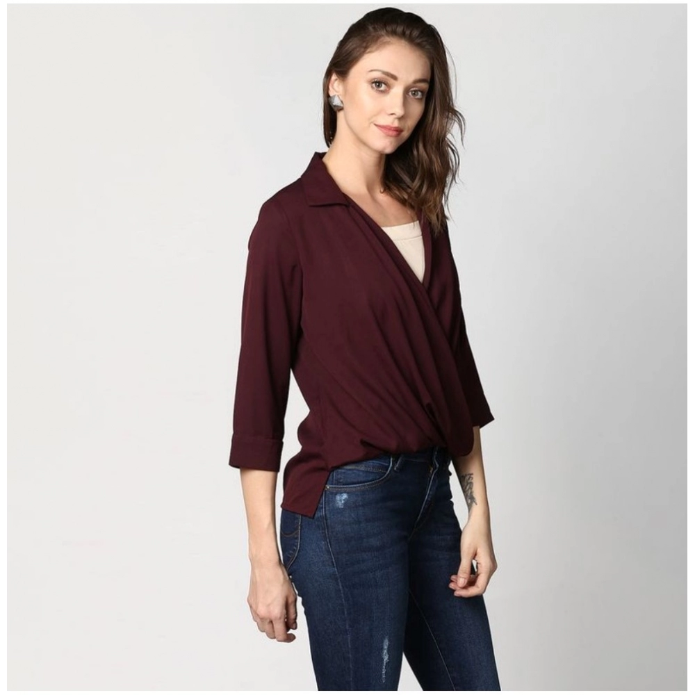 Women's Polyester Solid 3-4th Sleeves Top (Maroon) - Image 4