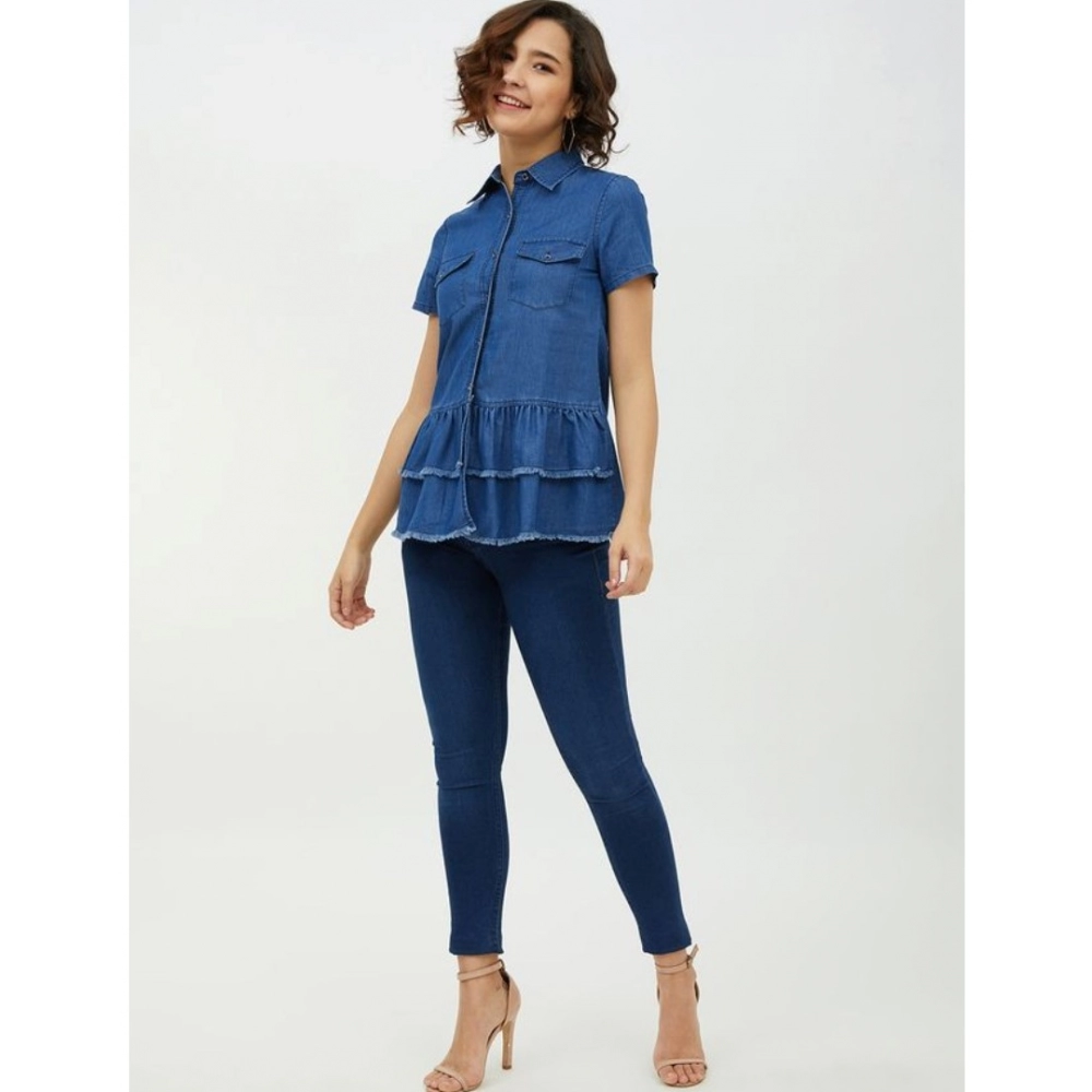 Women's Denim Peplum Short Sleeve Top (Blue) - Image 3