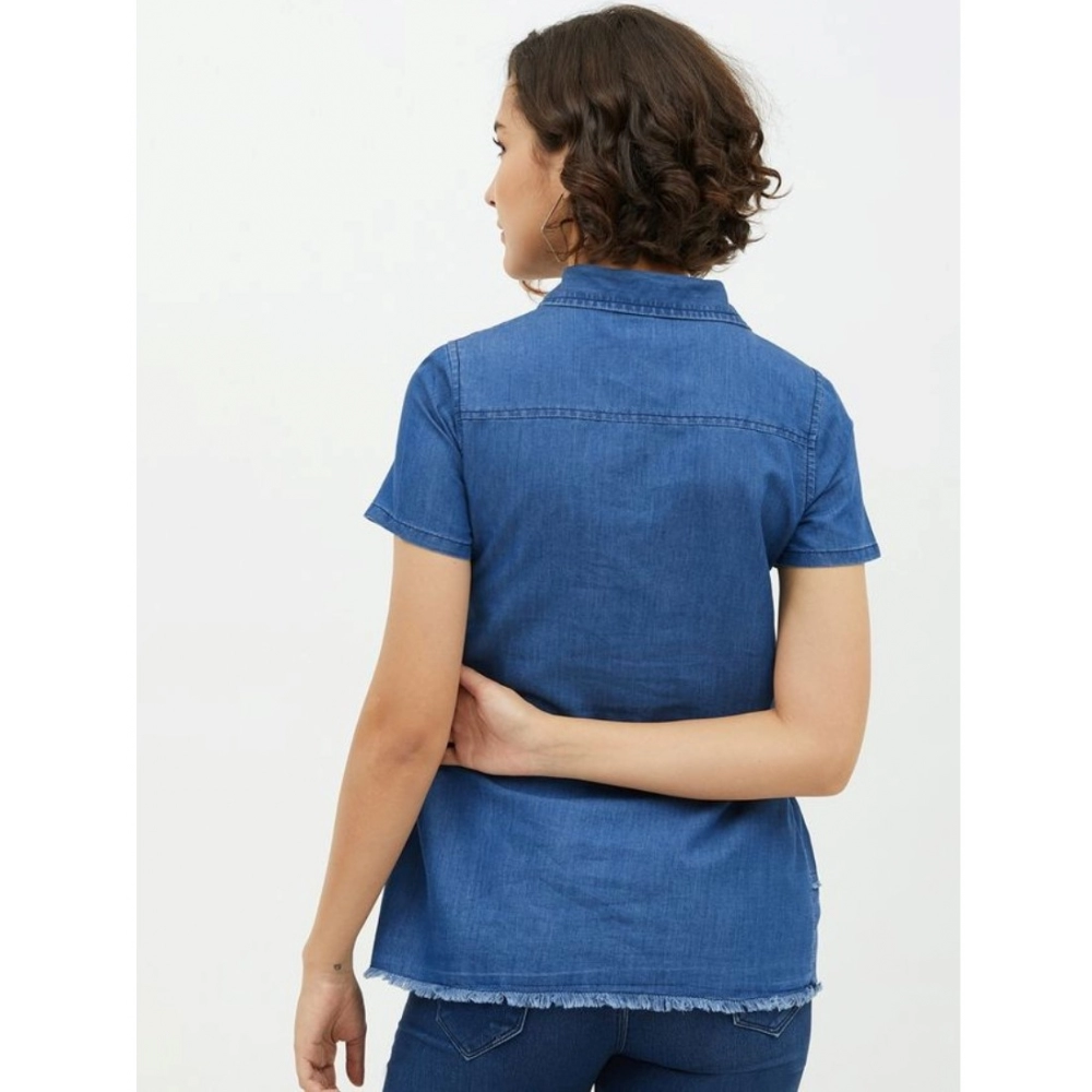 Women's Denim Peplum Short Sleeve Top (Blue) - Image 4