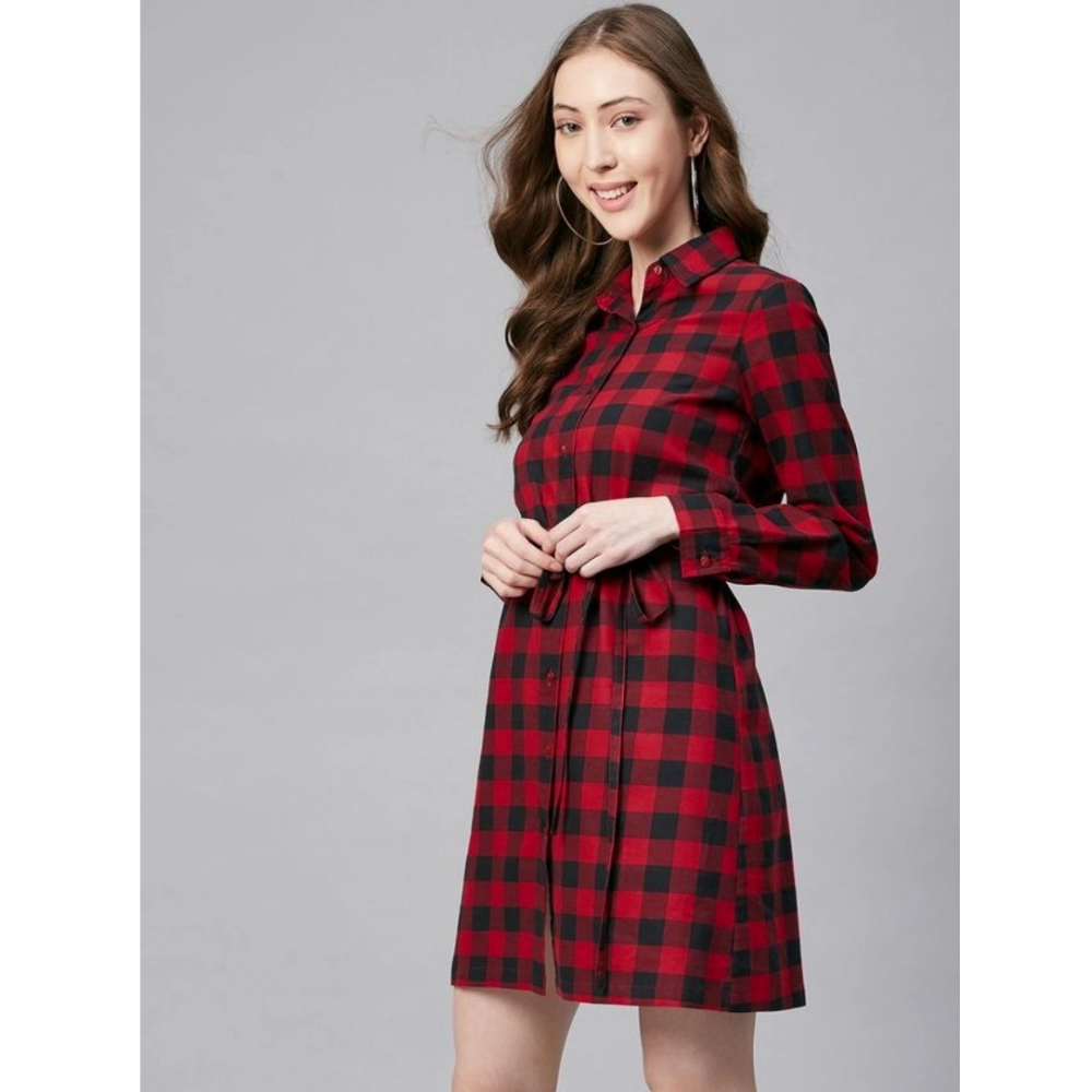 Women's Cotton Checkered Long Sleeves Above Knee Dress (Red - Black) - Image 4
