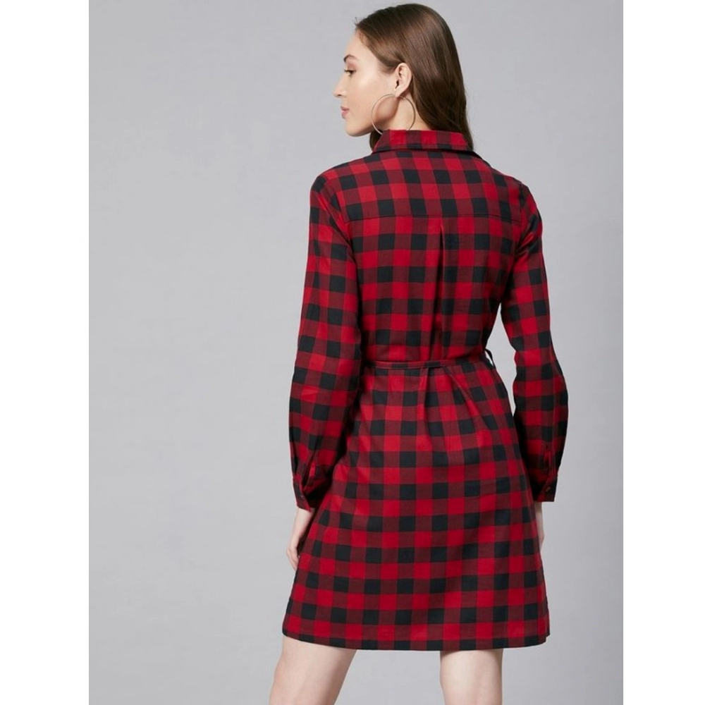Women's Cotton Checkered Long Sleeves Above Knee Dress (Red - Black) - Image 7