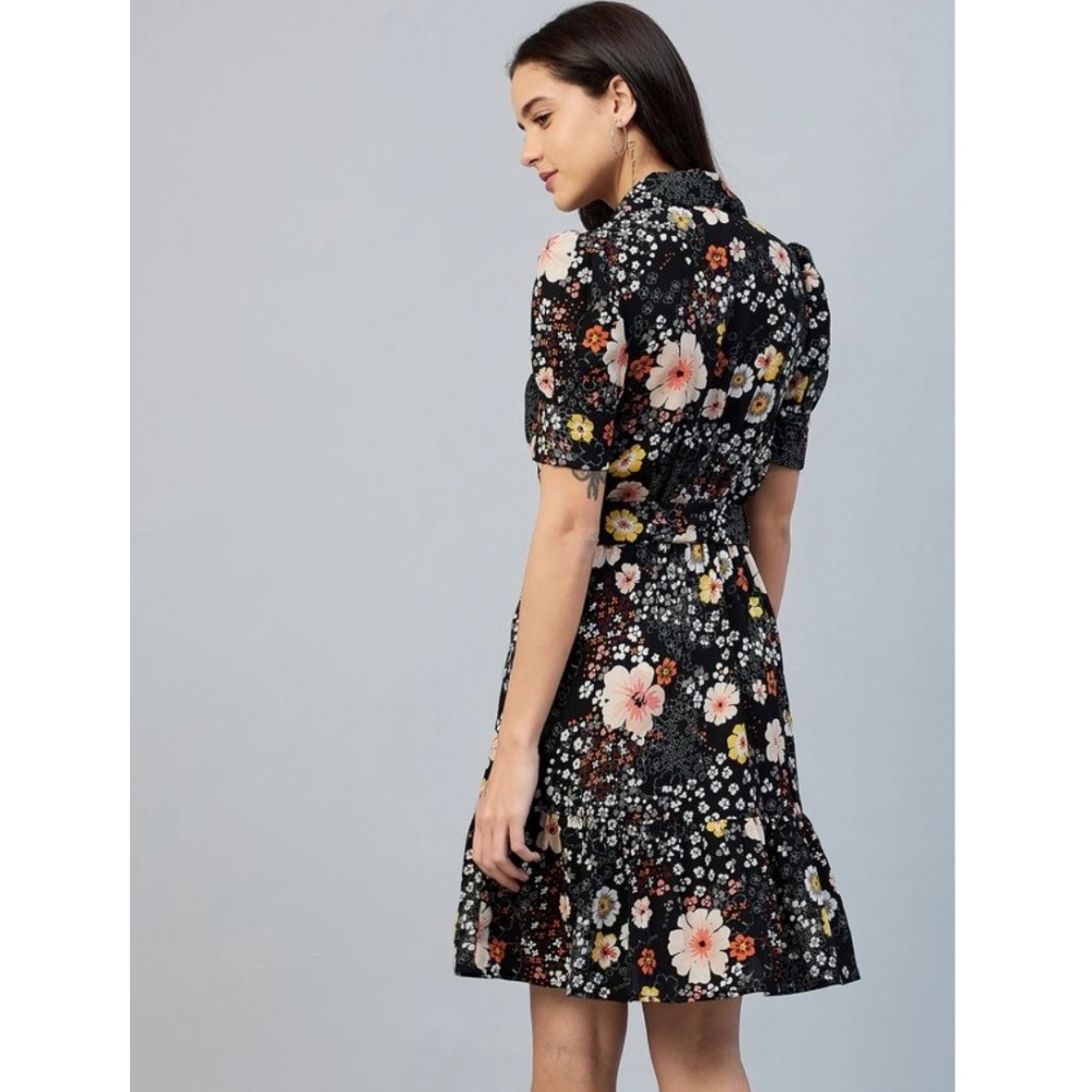 Women's Polyester Floral Short Sleeve Above Knee Dress (Black) - Image 2
