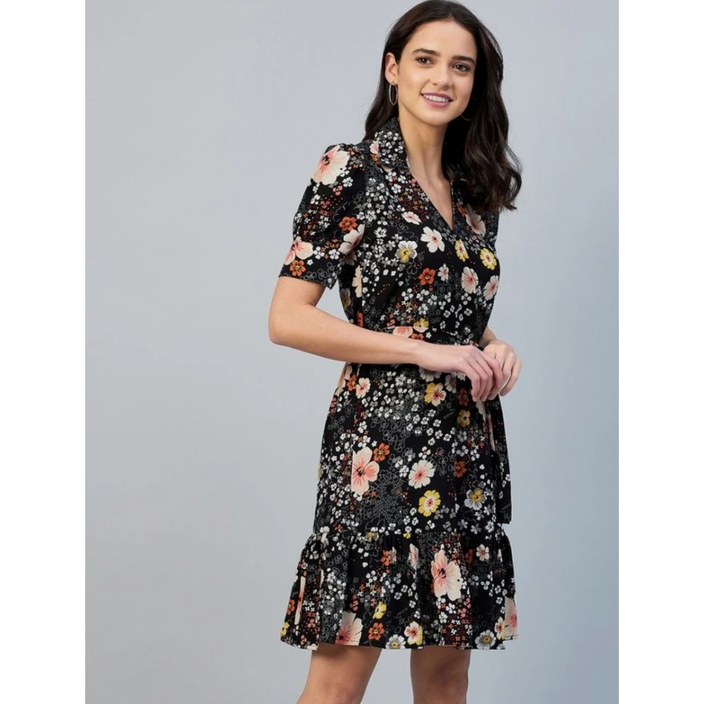 Women's Polyester Floral Short Sleeve Above Knee Dress (Black) - Image 3