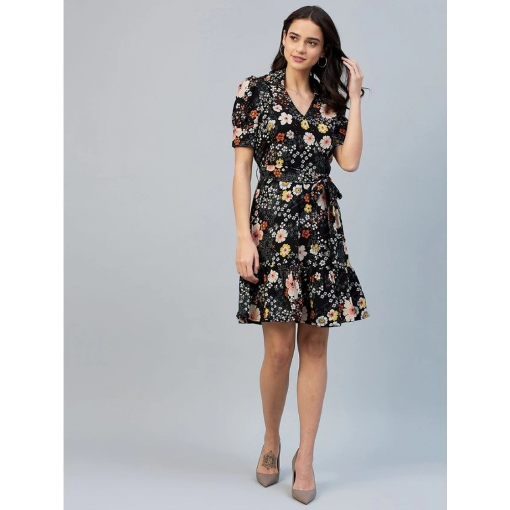 Women's Polyester Floral Short Sleeve Above Knee Dress (Black) - Image 6