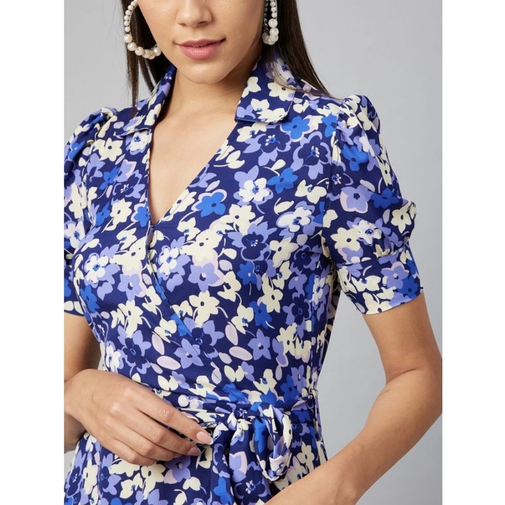 Women's Polyester Floral Short Sleeve Above Knee Dress (Blue - Purple) - Image 2