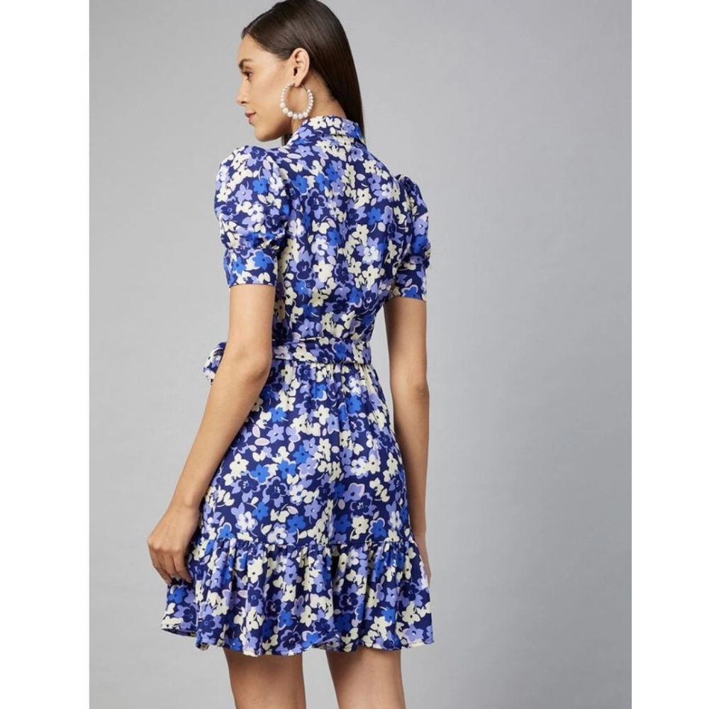Women's Polyester Floral Short Sleeve Above Knee Dress (Blue - Purple) - Image 7