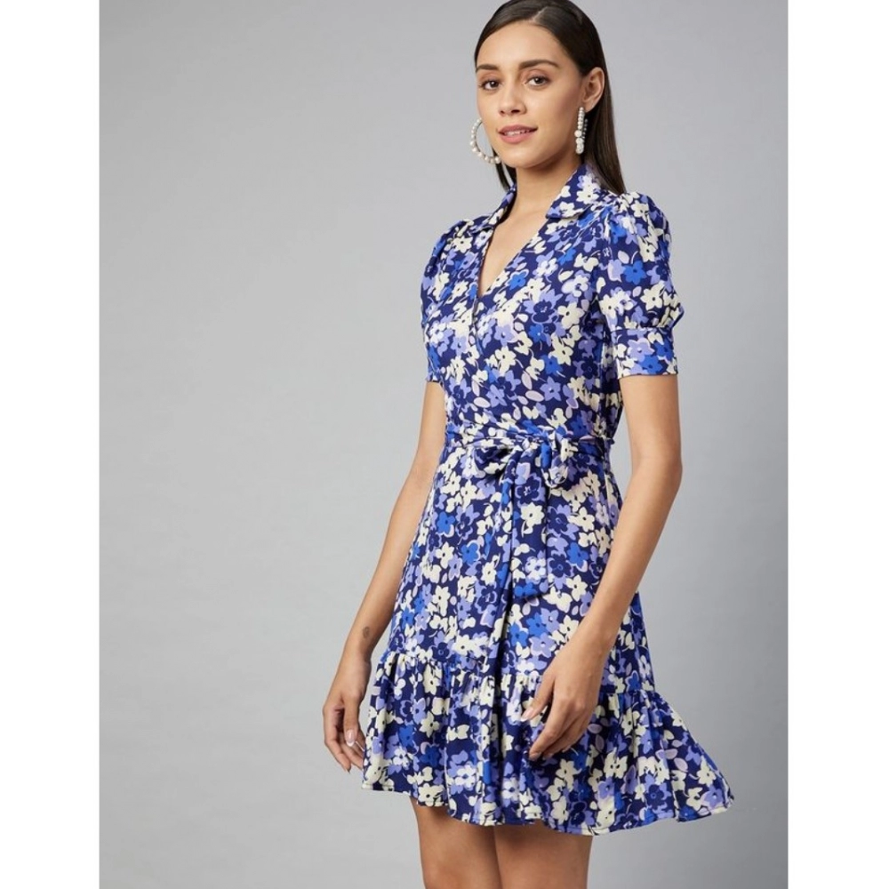 Women's Polyester Floral Short Sleeve Above Knee Dress (Blue - Purple) - Image 4