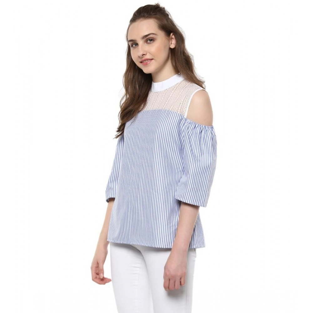 Women's Cotton Striped Cold Shoulder Top (Blue) - Image 3