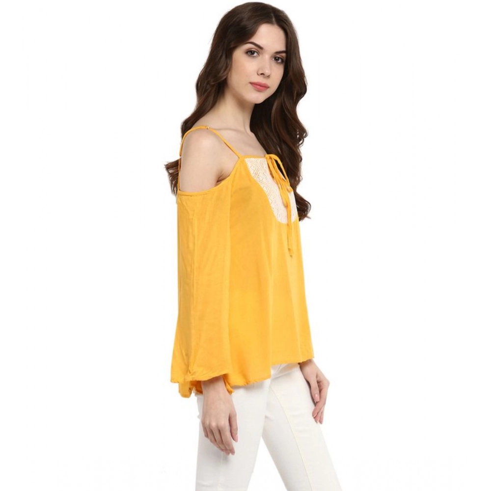 Women's Rayon Embellished Cold Shoulder Regular Top (Mustard Yellow) - Image 4