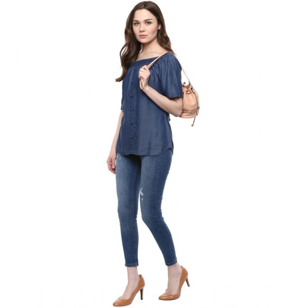 Women's Denim Solid Short Sleeve Regular Top (Blue) - Image 6