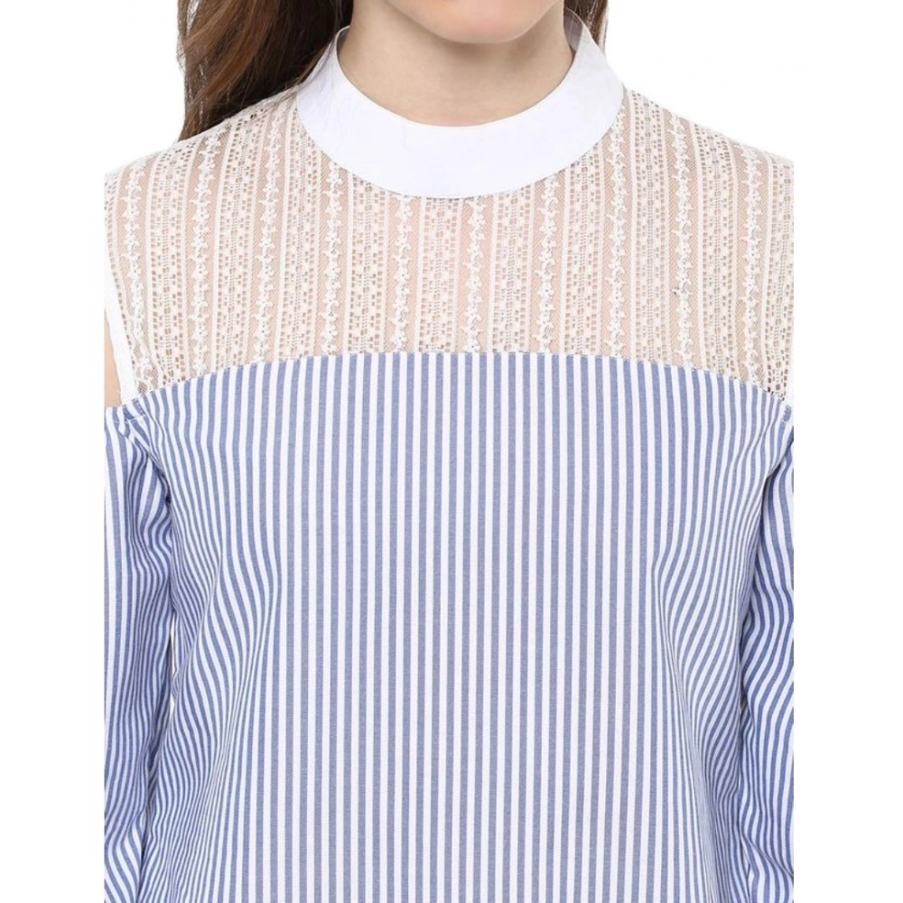 Women's Cotton Striped Cold Shoulder Top (Blue) - Image 2