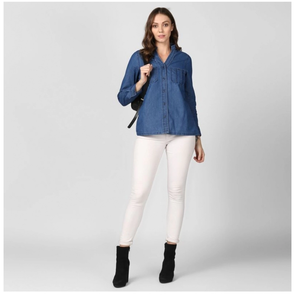 Women's Denim Solid Long Sleeves Top (Blue) - Image 4