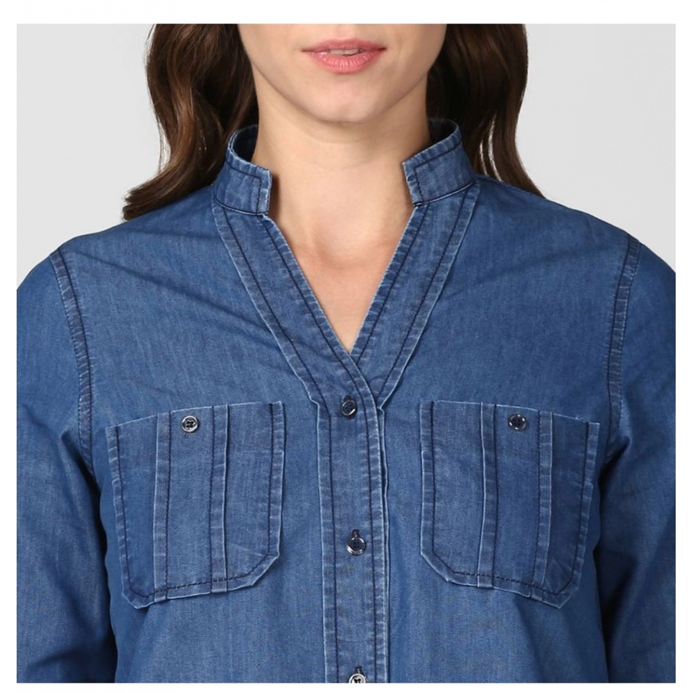 Women's Denim Solid Long Sleeves Top (Blue) - Image 3