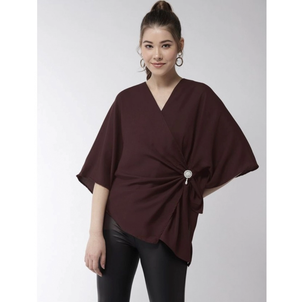 Women's Polyester Solid Cape Sleeve Top (Maroon) - Image 2