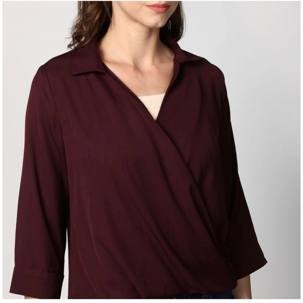 Women's Polyester Solid 3-4th Sleeves Top (Maroon) - Image 2